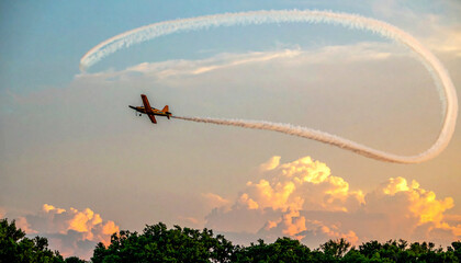 Airplane performing aerobatic stunt with smoke trail at sunset sky
