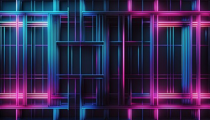futuristic 3d geometric black background with glowing neon pink and blue light outlines abstract seamless square pattern design modern tech texture digital grid structure luxury minimal backdrop f