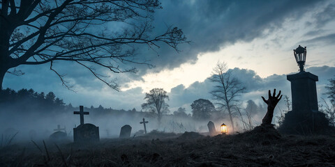 Two decaying zombie hands are emerging from a grave in a foggy cemetery illuminated by a lantern during a spooky halloween night, with tombstones and a cross in the background