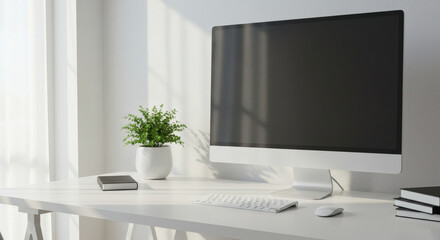 Minimalist home office setup with desktop monitor, keyboard, and neutral background, plant for accent, clean and modern atmosphere, negative space on the left for copy