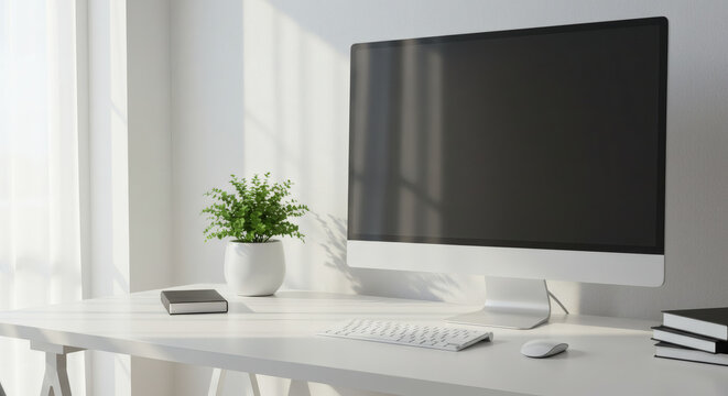 Minimalist home office setup with desktop monitor, keyboard, and neutral background, plant for accent, clean and modern atmosphere, negative space on the left for copy