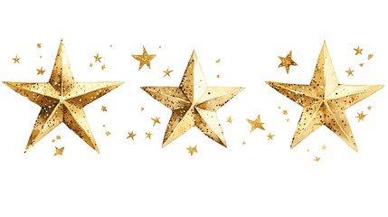 Golden metallic stars with sparkling glitter effect arranged in horizontal composition against white background, surrounded by small twinkling star elements.