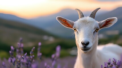 Young white goat with horns looking at camera, surrounded by purple wildflowers in mountain meadow during golden sunset, close up portrait with soft bokeh background.