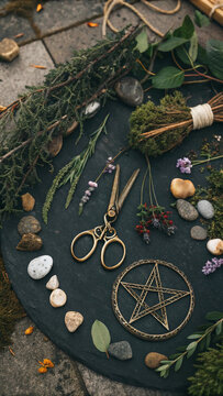 Halloween background composition showing a pentagram surrounded by crystals, herbs, moss, stones, a wooden stick, and golden scissors, creating a mystical and magical atmosphere