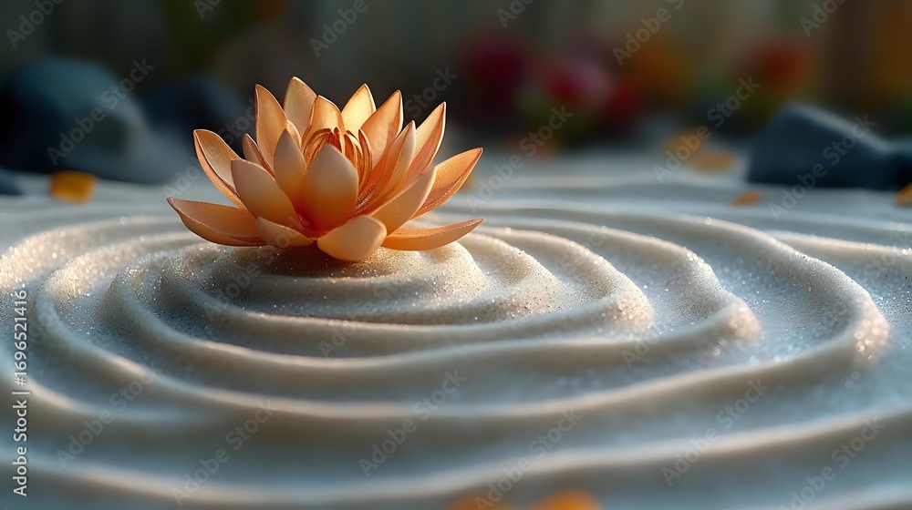 Aufkleber serene lotus flower in peach color floating on circular sand ripples with soft focus background crea