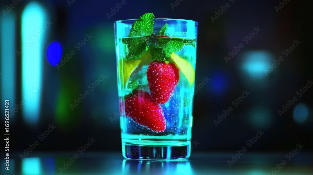 Poster refreshing mocktail with strawberries and mint in a vibrant setting