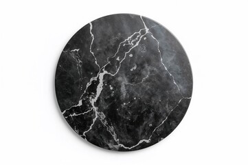 Fototapeta premium Round Dark Grey Marble Serving Platter for Cheese and Pizza on White Backdrop