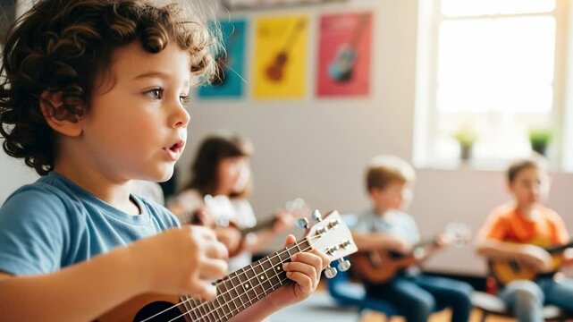 A joyful young boy with curly hair enjoys playing the ukulele in a vibrant music classroom filled with other children engaging in music lessons.
