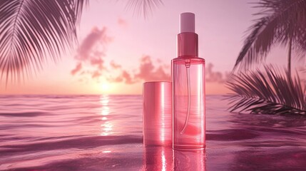 A pink spray bottle and compact rest on a tranquil beach at sunset, partially submerged in the pink-hued water, framed by palm fronds
