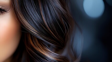 Naklejka premium Silky dark brown hair with subtle highlights flowing in gentle waves against blurred bokeh background, showcasing natural movement and shine for beauty and haircare advertising.