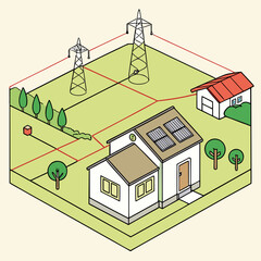 Illustration of a residential area with solar panels on a house connected to power lines and transmission towers
