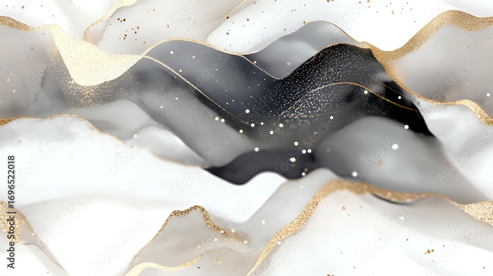 Poster abstract luxury background with flowing black, white and gold waves, marble texture effect and glitt