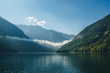 Fototapeta premium Dawn fog settles amidst the peaks.
