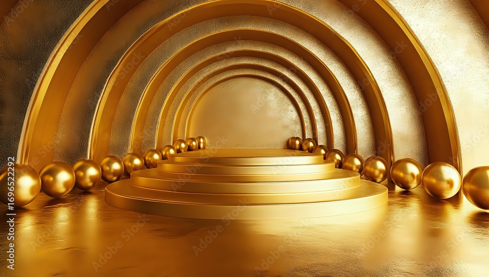 Poster golden spheres line curved archways in luxurious corridor with metallic reflective surfaces creating