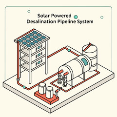 Isometric illustration of a solar powered desalination pipeline system with solar panels and water tanks