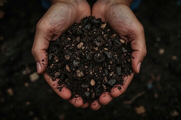 Detailed view of hands cradling nutrient-dense dark earth symbolizing natural soil assets and eco-friendly agriculture, highlighting texture and industry