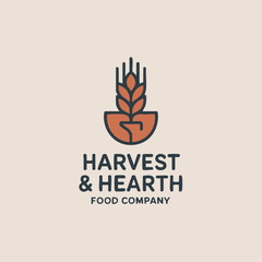 Classic Organic Bakery and Food Logo with Brown Text 'Harvest & Hearth' and Stylized Golden Wheat or Cereal Grain Illustration on a Neutral Beige Background, Representing Wholesome, Natural Products