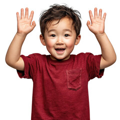 Happy young child with raised hands, expressing joy and excitement in a playful atmosphere, showcasing innocence and carefree spirit in a vibrant setting