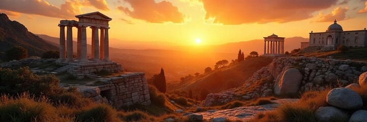Serene view of Roman ruins at sunset, bathed in golden light; a peaceful meditation scene  Perfect for mindfulness, travel, history, and spiritual themes ,  zen,  architecture,  empire