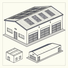 Isometric illustration of three modern industrial buildings featuring solar panels on their roofs and large garage doors
