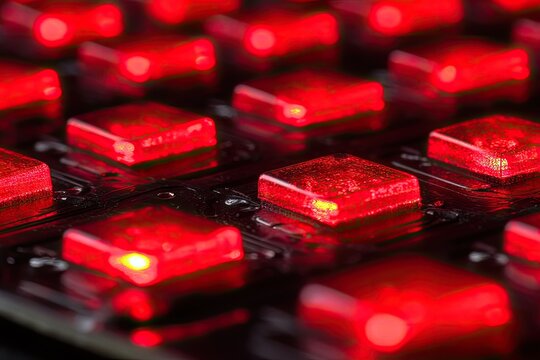 Close-up of a grid of illuminated, translucent red square components on a dark circuit board; shallow depth of field emphasizes glowing surfaces
