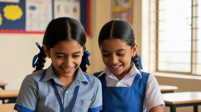 Two Young Girls Sharing Laughter in a Classroom Setting, One in a Checkered Blue Uniform and the Other in a Blue Dress, Displaying Friendship and Joy