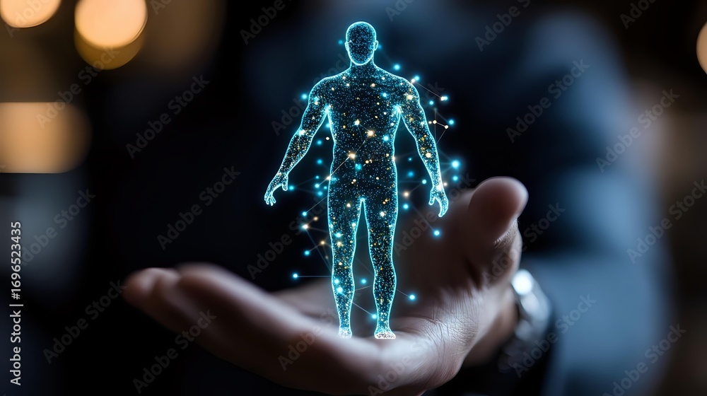 Aufkleber glowing blue holographic human figure floating above open palm with sparkle effects and bokeh backgr