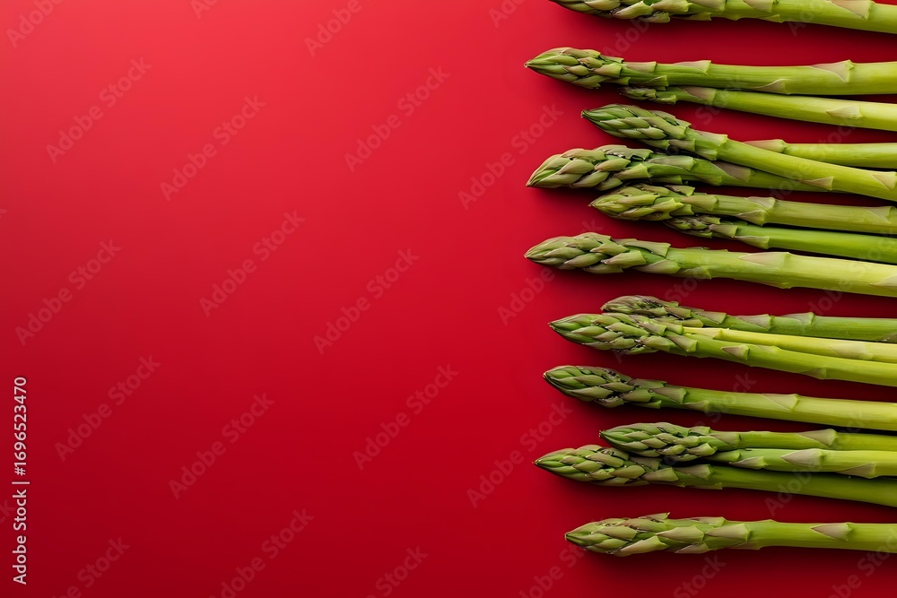 Poster fresh green asparagus spears arranged in parallel rows on vibrant red background with copy space, cr