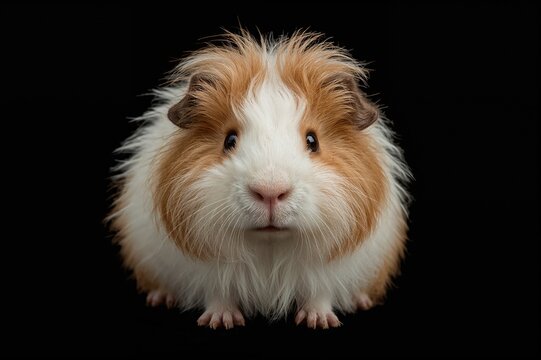 Studio portrait of a long-haired Lunkarya guinea pig against a dark backdrop.
