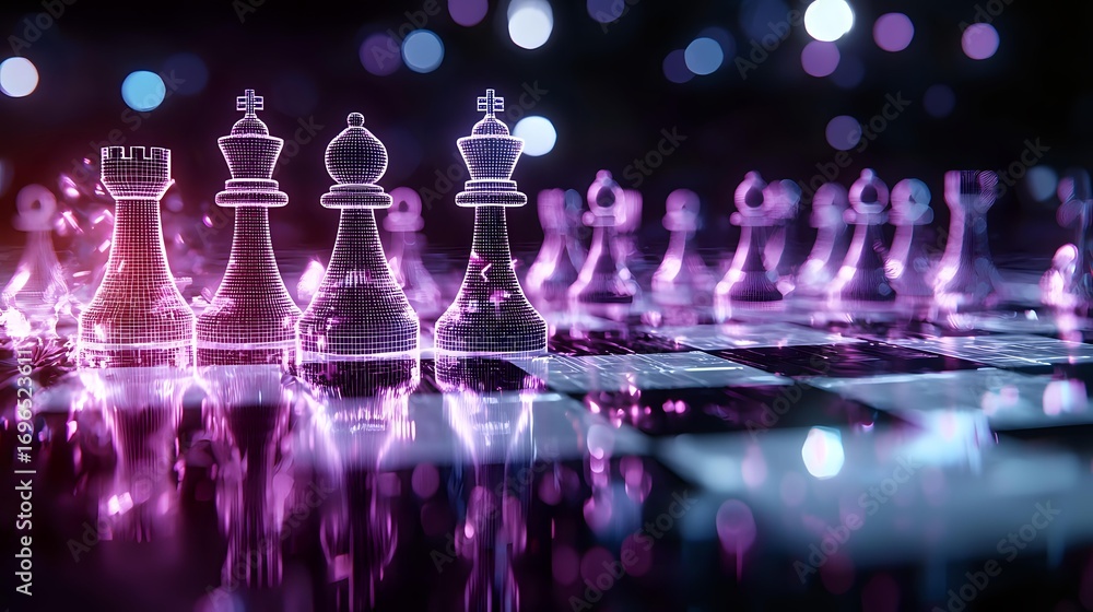 Poster chess pieces on reflective surface with purple and blue bokeh lights creating magical atmosphere. st