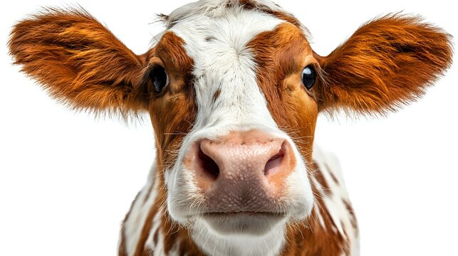 Close up portrait of brown and white spotted cow face with large expressive eyes and fluffy ears against white background, isolated farm animal for agricultural design.