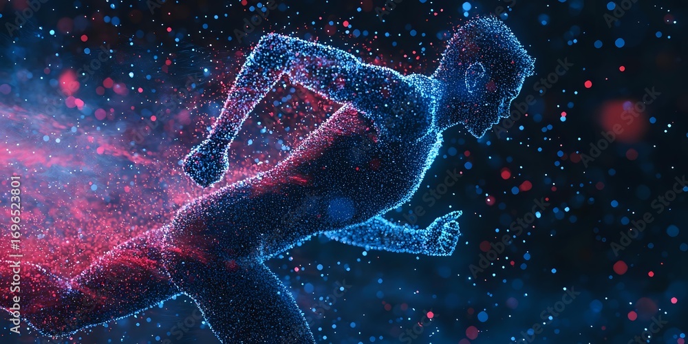 Poster digital visualization of glowing human silhouette floating in cosmic space with particle effect, neo
