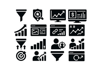 Business analytics solid icon set. data, marketing tools impact prediction collection