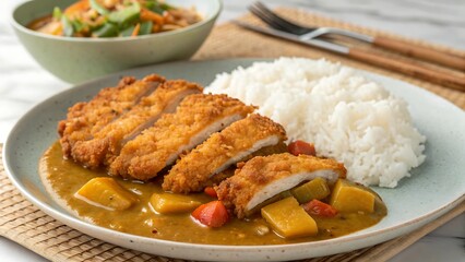 Golden Chicken Katsu with Curry and Fluffy White Rice on Minimal Plate