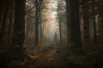 Fototapeta premium Deep within a thick, shadowy woodland. Scenic view of dense trees in nature. Wilderness filled with towering forest trees.