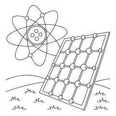 Stylized illustration of a solar panel and atomic structure representing renewable energy and scientific innovation
