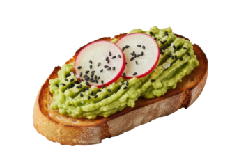 Toasted artisan bread slice with avocado, fanned radish, sesame seeds, and salt, isolated on transparent, studio lit, high angle view, gourmet food commercial concept
