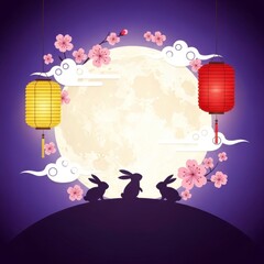 Illustration of mid autumn festival with rabbits lanterns and full moon scene