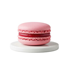 A single, exquisite French raspberry macaron with pastel pink shell & creamy ganache, 45-degree shot on white disc, minimalist transparent, concept of culinary perfection