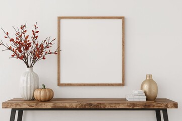 Wooden shelf display featuring a square frame, autumn twigs, and seasonal decorations. Cozy fall vibe.