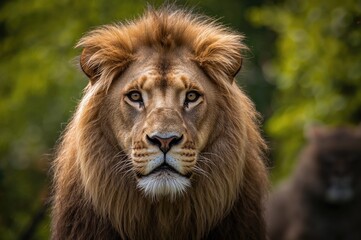 Obraz premium Portrait of a majestic lion in its naturalistic zoo environment.