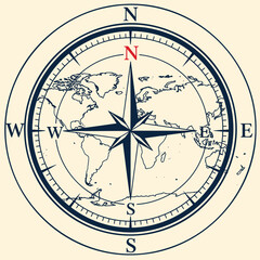 Vintage compass rose with world map.  Navigation, direction, travel, exploration concept. Graphic design element.
