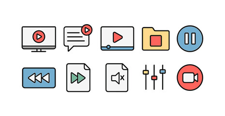 Multimedia, media playback icon set. audio, video control icons outline collection