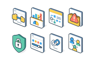 Fototapeta premium Business analytics isometric icon set. charts, diagrams, security, teamwork.