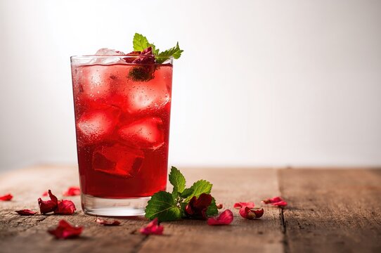 Chilled hibiscus drink served on a wooden surface with a simple backdrop