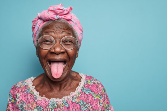 Portrait of senior African  woman sticking out tongue. AI generative art