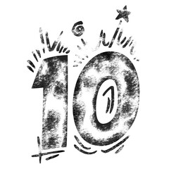 Grunge textured number 10 digit design with rough distressed black and white effect, vintage bold...