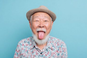 Portrait of senior Asian man sticking out tongue. AI generative art