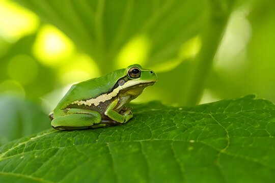 Small green tree frog resting on a lush leaf amidst soft green bokeh background - Powered by Adobe