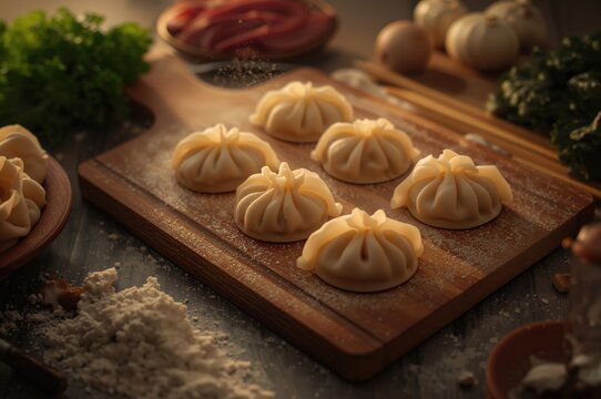 Crafting dumplings arranged tidily on a wooden surface with scattered flour